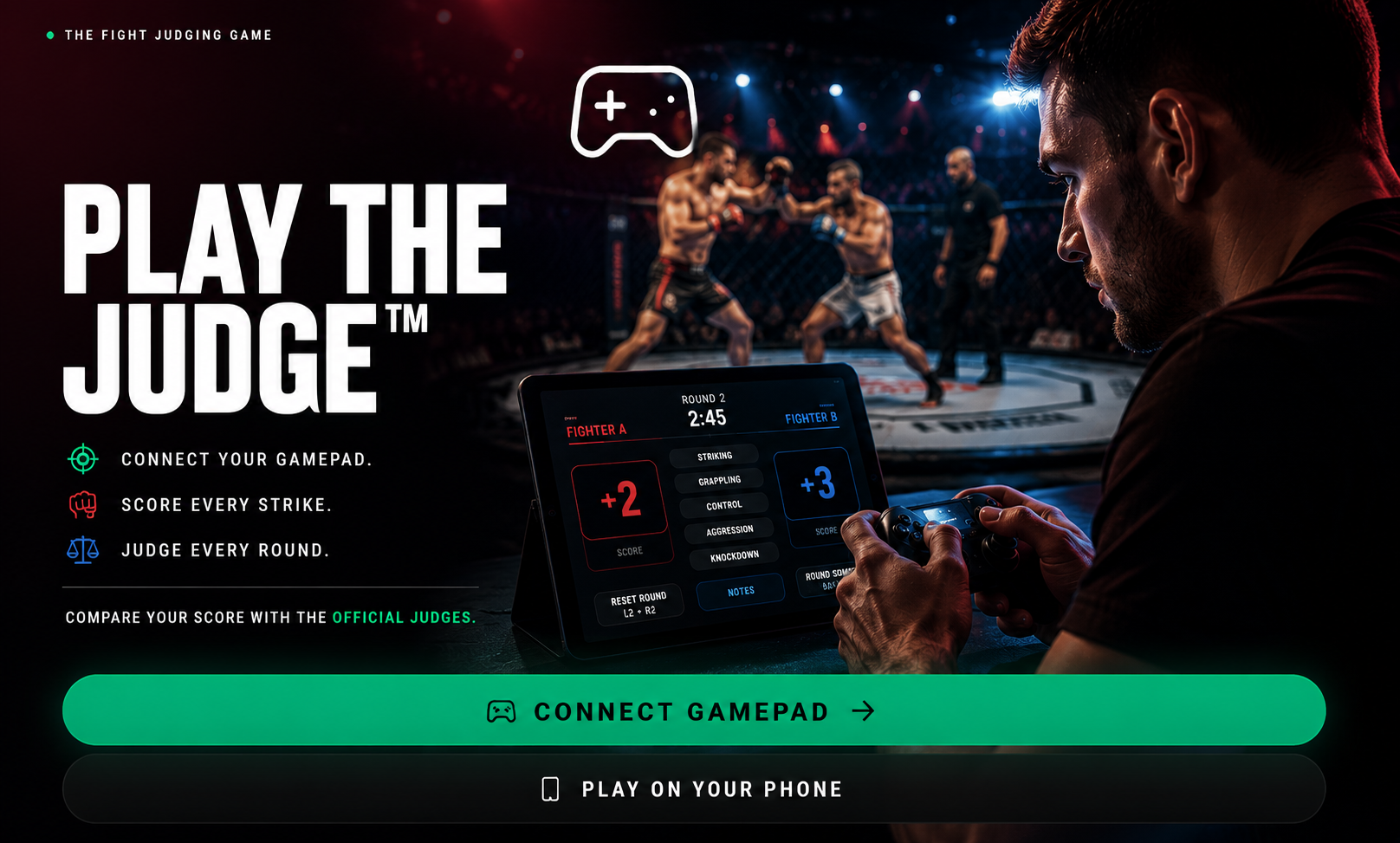 Fan judging a live MMA fight with a gamepad while FightScore.app runs on his phone