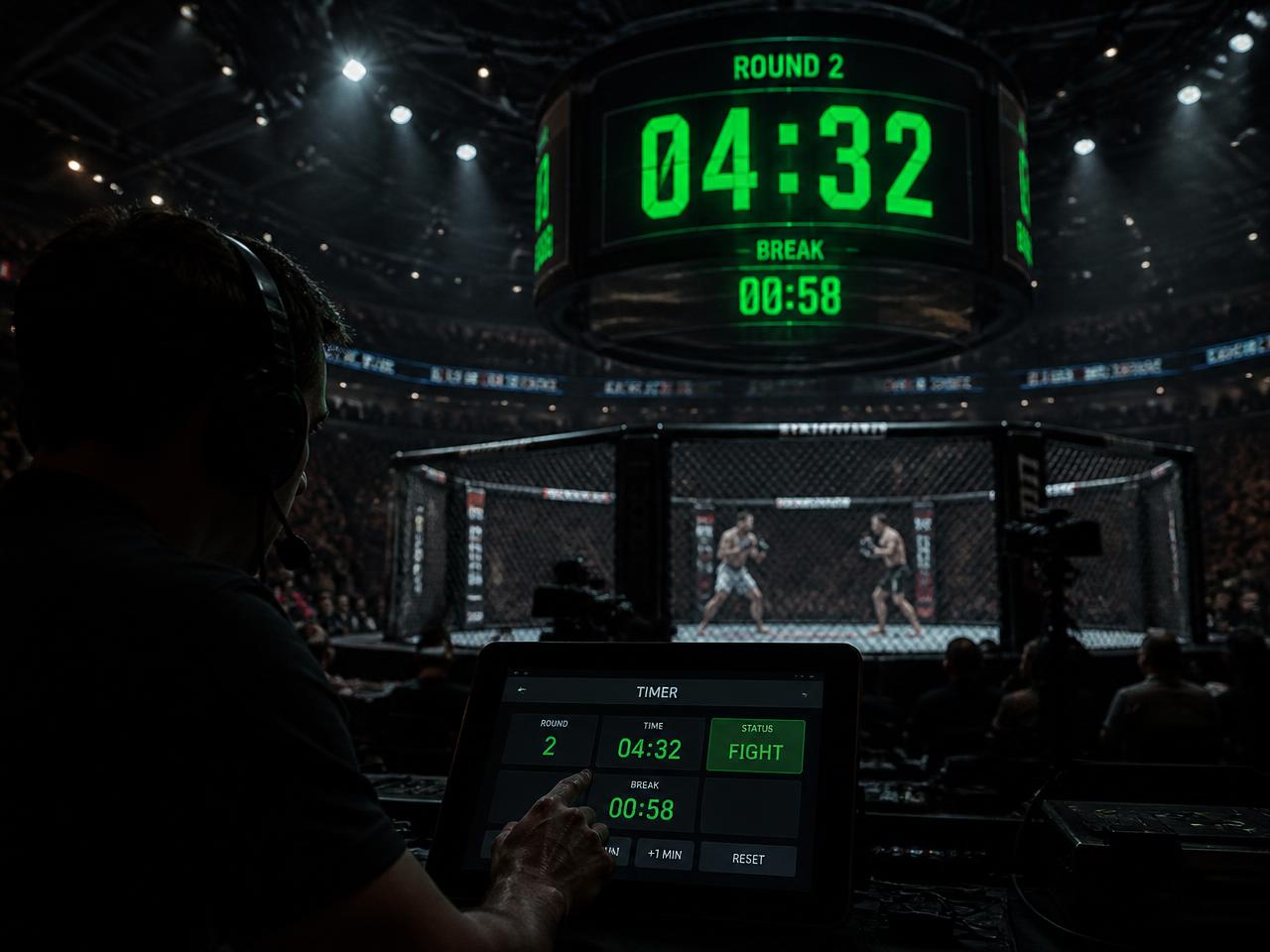 Operator controlling a live MMA round timer with a giant arena clock