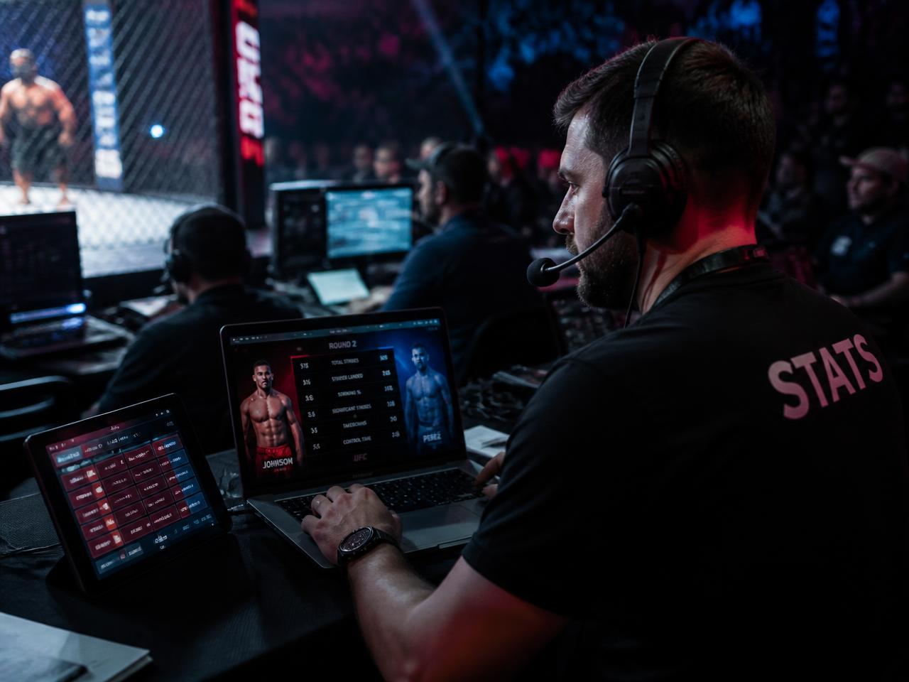 Professional statistics operator working cageside at a live MMA event