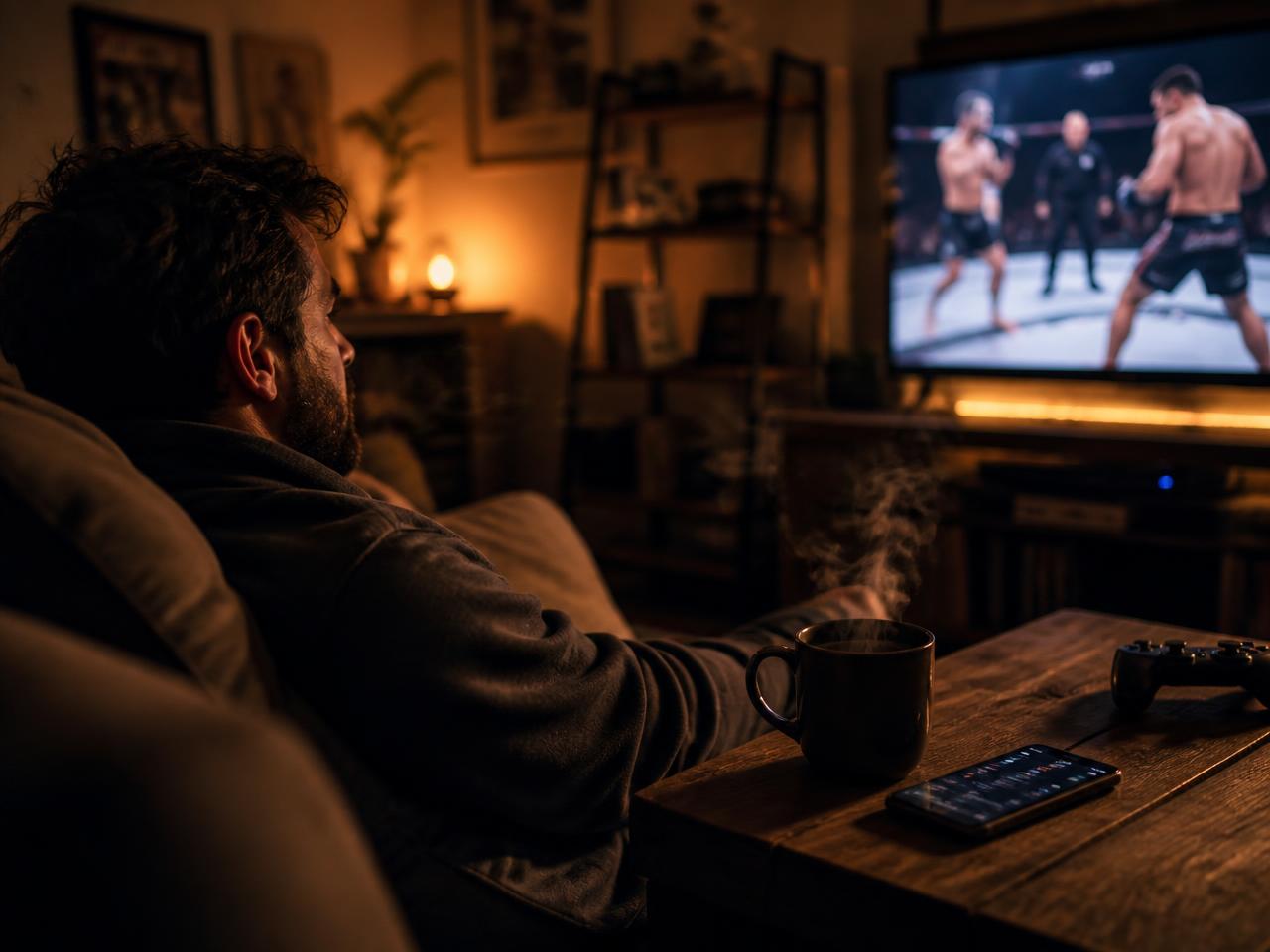 Fight fan relaxing late at night with a coffee, a gamepad and FightScore.app on his phone